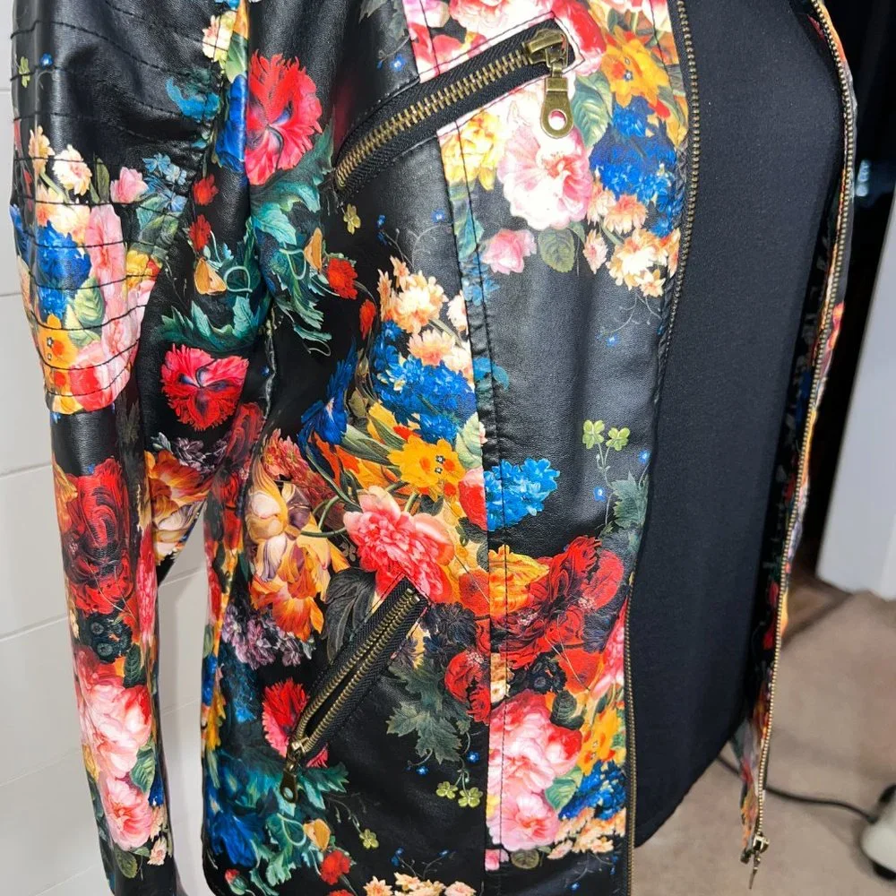 Multicolor Floral Pleather Long Sleeve Jacket Size M - Picture 4 of 10